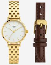 Relógio Feminino Dourado Branco + Pulseira de Couro Marrom