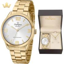 Relógio Feminino Dourado Champion Cn29892z + Kit Bijouteria