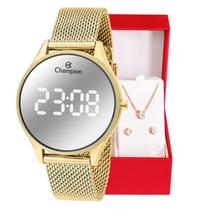 Relógio Feminino Dourado Champion Digital Espelhado CH40133B Kit Colar e Brincos