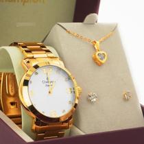 Relógio Feminino Dourado Champion Pequeno Colar e Brincos Semijoia Exclusiva