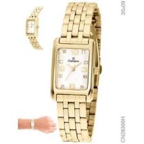 Relogio Feminino Dourado Champion Quadrado Fundo Branco +NF