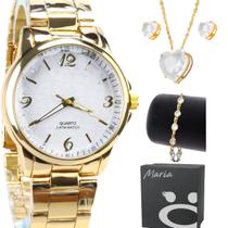 relogio feminino dourado + colar aço strass caixa + pulseira social qualidade premim casual presente