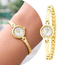 Relógio Feminino Dourado com Caixa e Pulseira de Aço Inoxidável com Resistência à Água e Aplicação de Cristais Mini Pequeno Luxo Fashion Champion