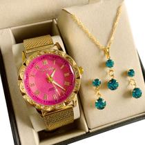 Relógio Feminino Dourado Com Colar e Brincos Folheados Kit