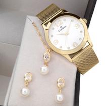 Relogio Feminino dourado com pulseira esteirinha +kit semi jóias