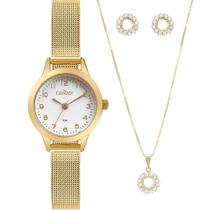 Relogio Feminino Dourado Condor Pequeno Kit Colar E Brincos