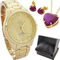 Relógio Feminino Dourado De Pulso com Kit De Colar E Brincos Ideal Para Presente