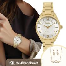 Relógio Feminino Dourado de Pulso com Pulseira e Caixa em Aço Inoxidável Luxo Elegante Fashion com Kit Colar e Brincos Condor
