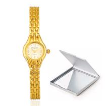 Relógio Feminino Dourado De Pulso Quartz Mini Com Espelho
