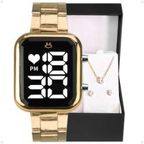 relogio feminino dourado digital + relógio feminino digital + caixa + colar + brincos moda presente edição limitada