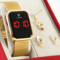 Relógio Feminino Dourado Digital Tuguir LED Original com garantia de 1 ano acompanha kit de colar e brincos