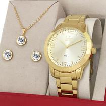 Relógio Feminino Dourado Dumont Prova d'água e 1 ano de garantia com colar e brincos
