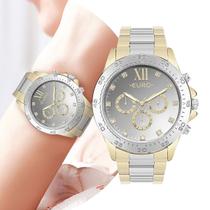 Relógio Feminino Dourado e Prata com Pulseira e Caixa de Aço Inoxidável Redondo com Strass Luxo Elegante Fashion Euro