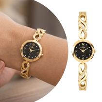 Relógio Feminino Dourado e Preto com Caixa e Pulseira de Aço Inoxidável à Prova D Água com Aplicação de Cristais Pequeno Luxo Fashion Condor