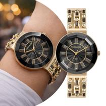 Relógio Feminino Dourado e Preto de Pulso Caixa de Ceramica Vidro Safira Pulseira com Pedras Movimento Quartzo Luxo Elegante Fashion Technos