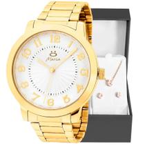 Relógio Feminino Dourado Em Aço Inox + Colar e Par de Brincos + Caixa Premium