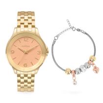 Relógio Feminino Dourado Fashion em Aço Inoxidável Condor Kit Puilseira Delicado