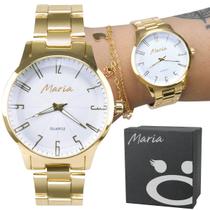 Relógio Feminino Dourado Fundo Branco Redondo + Caixa Presente Garantia