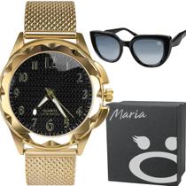 Relogio Feminino Dourado Fundo Preto Elegante + Oculos Sol Boemio Polarizado + Caixa Presente