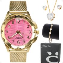 Relogio feminino dourado fundo rosa estilo casual+ pulseira casual + conjunto de colar e brinco coração