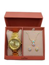 Relógio feminino dourado kit com colar e brinco inox com caixa brilho condor social