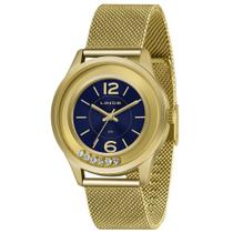 Relógio Feminino Dourado Lince Fundo ul Ponteiro Original