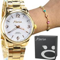 Relogio Feminino Dourado Maria Orizom Aço Inox Banhado a Ouro + Pulseira Banhada + Caixa Linha Maria Presente Casual Moda Original