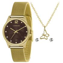 Relógio Feminino Dourado Marrom Lince Pedras Strass + Semijoias