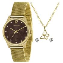 Relógio Feminino Dourado Marrom Lince Pedras Strass +
