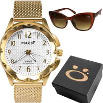 Relogio feminino dourado + oculos sol proteção uv + caixa prova dagua qualidade premium silicone aço inoxidável moda