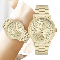 Relógio Feminino Dourado Pedras Luxo Euro Kit c/ Pulseiras