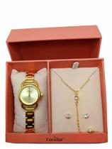 Relógio feminino dourado pequeno kit com colar e brinco analógico social condor