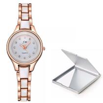 Relógio Feminino Dourado Pequeno Pedras Cravejadas + Espelho