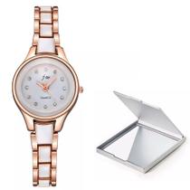 Relógio Feminino Dourado Pequeno Pedras Cravejadas + Espelho