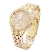 Relógio Feminino Dourado Prata Rose Luxo C/ Pedras De Strass
