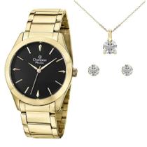 Relógio Feminino Dourado Preto Champion Com Colar E Brincos