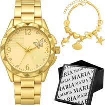 Relogio Feminino Dourado Prova Dagua Aco + Pulseira + Caixa moda qualidade premium casual resistente social presente