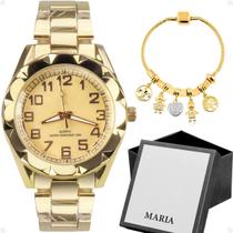 relogio feminino dourado prova dagua aço + pulseira caixa presente moda qualidade premium social resistente casual
