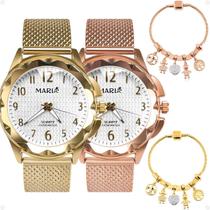 Relogio feminino dourado prova dagua + relogio rose aço inox qualidade premium combo kit presente social casual redondo