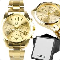 Relógio Feminino Dourado Pulseira Aço + Caixa Presente Rma44