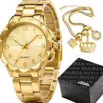 Relogio Feminino Dourado + Pulseira + Caixa moda folheado Qualidade premium ouro presente analogico original casual 18k