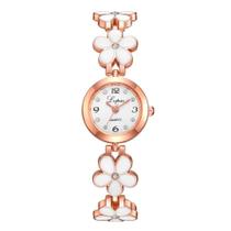 Relógio Feminino Dourado Pulseira Com Pedras Flor Analógico