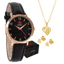 Relógio Feminino Dourado Pulseira de Couro Original Quebec + Colar e Brincos
