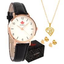 Rélógio Feminino Dourado Pulseira de Couro Quebec Original com Colar e Brincos