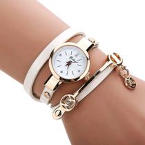 Relógio Feminino Dourado Pulseira Em Couro Bracelete Strass - Senors