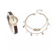Relógio Feminino Dourado Pulseira Marrom Pequeno Kit Jóia Relógio Feminino Dourado Pulseira Marrom Pequeno Kit Jóia
