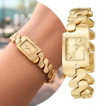 Relógio Feminino Dourado Quadrado com Caixa e Pulseira de Aço Inoxidável e Resistência à Água Luxo Fashion Elegante Champion