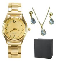 Relógio Feminino Dourado Quartzo Prova D'água Pulseira Ajustável + Colar Brincos Top