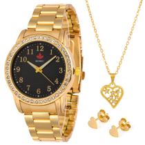 Relógio Feminino Dourado Quebec Original + Colar e Brincos