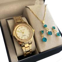 Relogio Feminino Dourado Resistente Agua Kit Colar Folheados